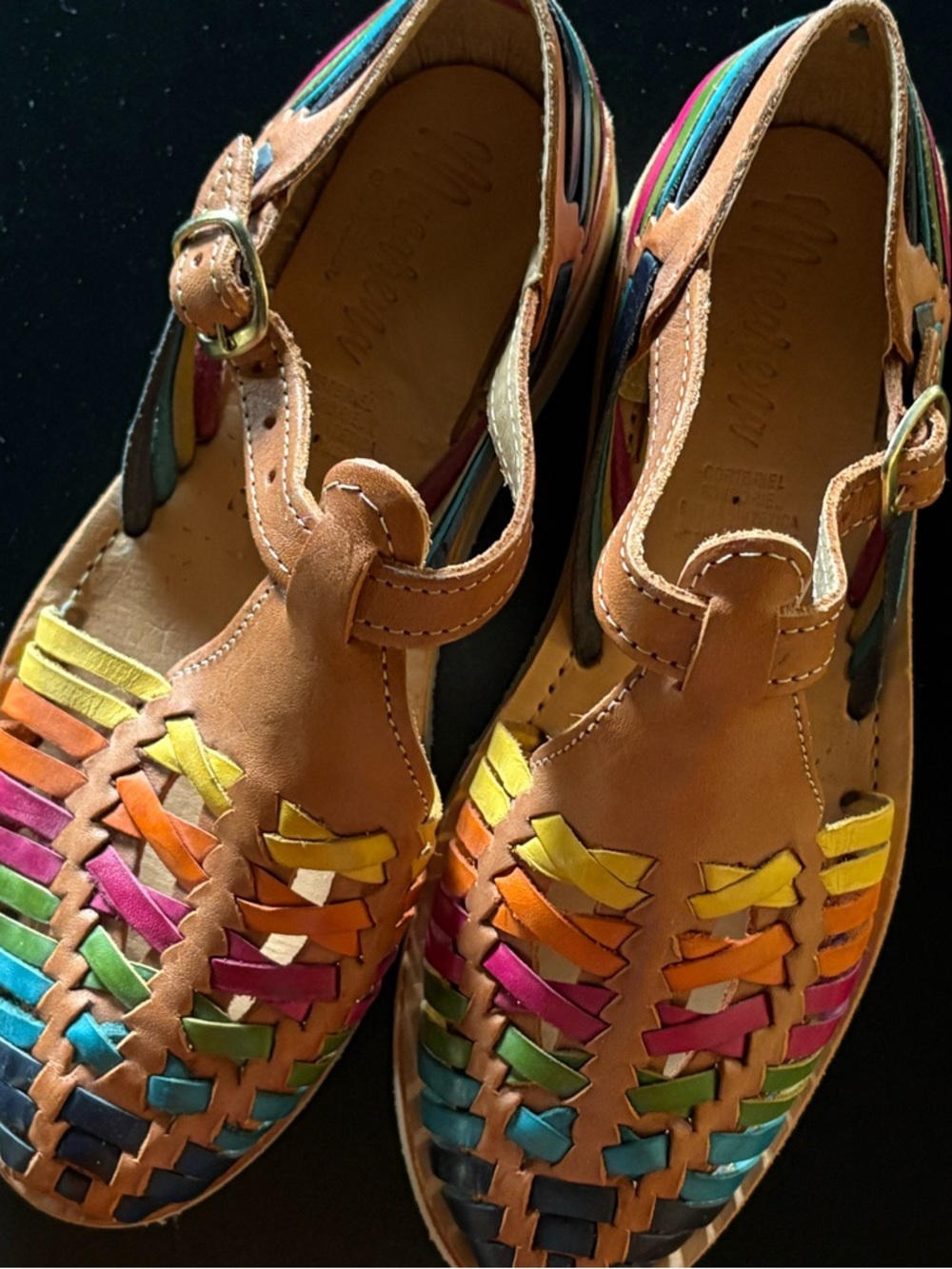 Authentic Mexican Tan Leather Huarache Sandals with Multi-Color Weave
